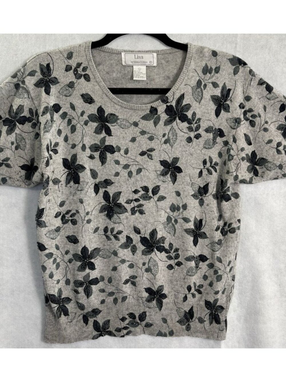 Lisa International Women Short Sleeve Pullover Silk Blend Sweater Sz L Gray 21-9